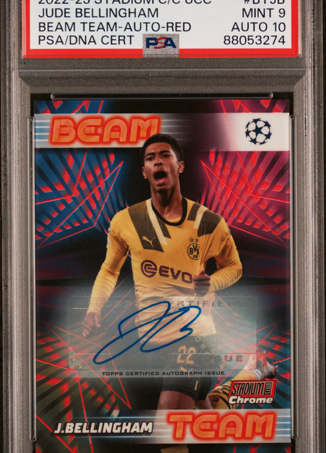 2022-23 Topps Stadium Club Chrome UEFA Club Competitions Beam Team Jude Bellingham Auto Red #BTJB PSA 9