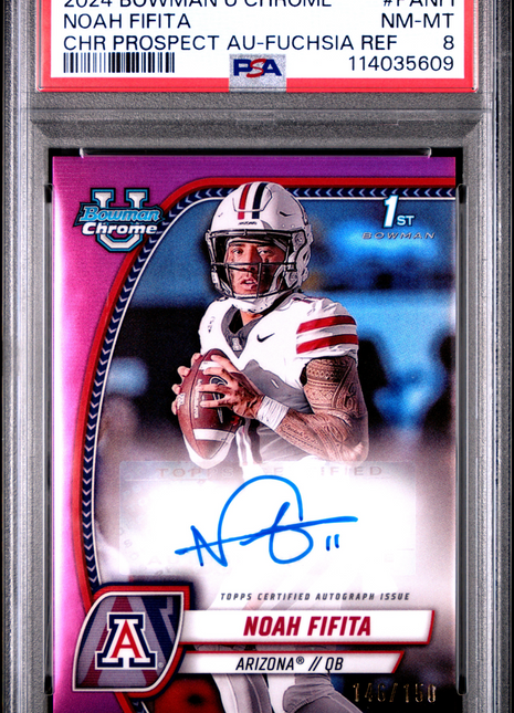 2024 Bowman University Chrome Bowman Chrome Prospect Autographs Noah Fifita Fuchsia Ref #PANFI PSA 8