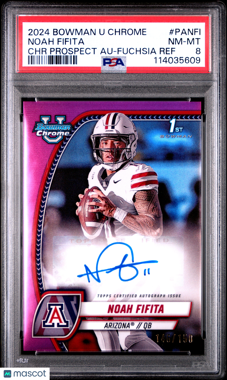 2024 Bowman University Chrome Bowman Chrome Prospect Autographs Noah Fifita Fuchsia Ref #PANFI PSA 8