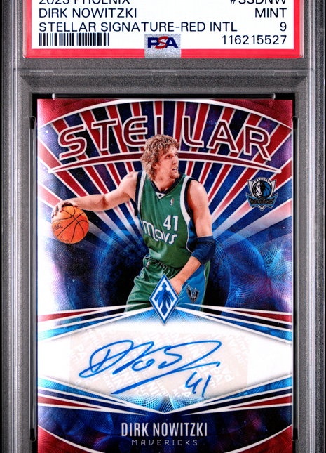 2023 Panini Phoenix Stellar Signatures Dirk Nowitzki Red Intl #SSDNW PSA 9