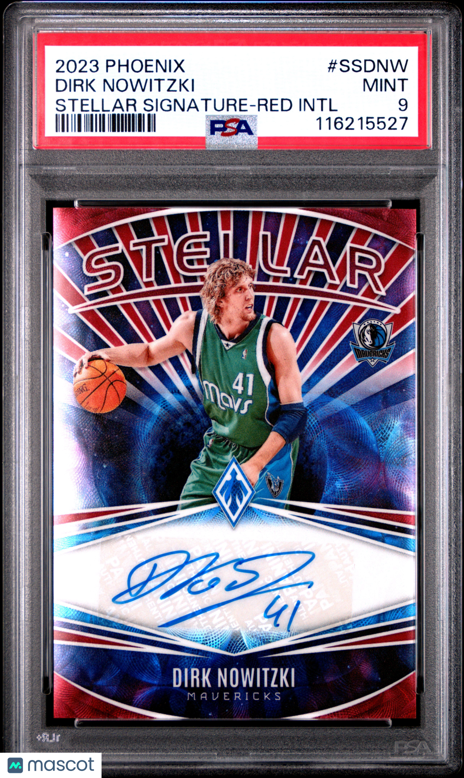 2023 Panini Phoenix Stellar Signatures Dirk Nowitzki Red Intl #SSDNW PSA 9