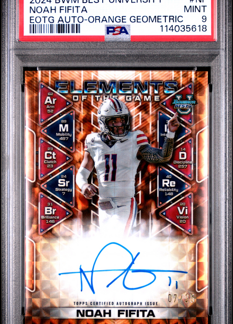 2024 Bowman Best University Elements Of The Game Autographs Noah Fifita Eotg Orange Geometric #NF 07/25 PSA 9