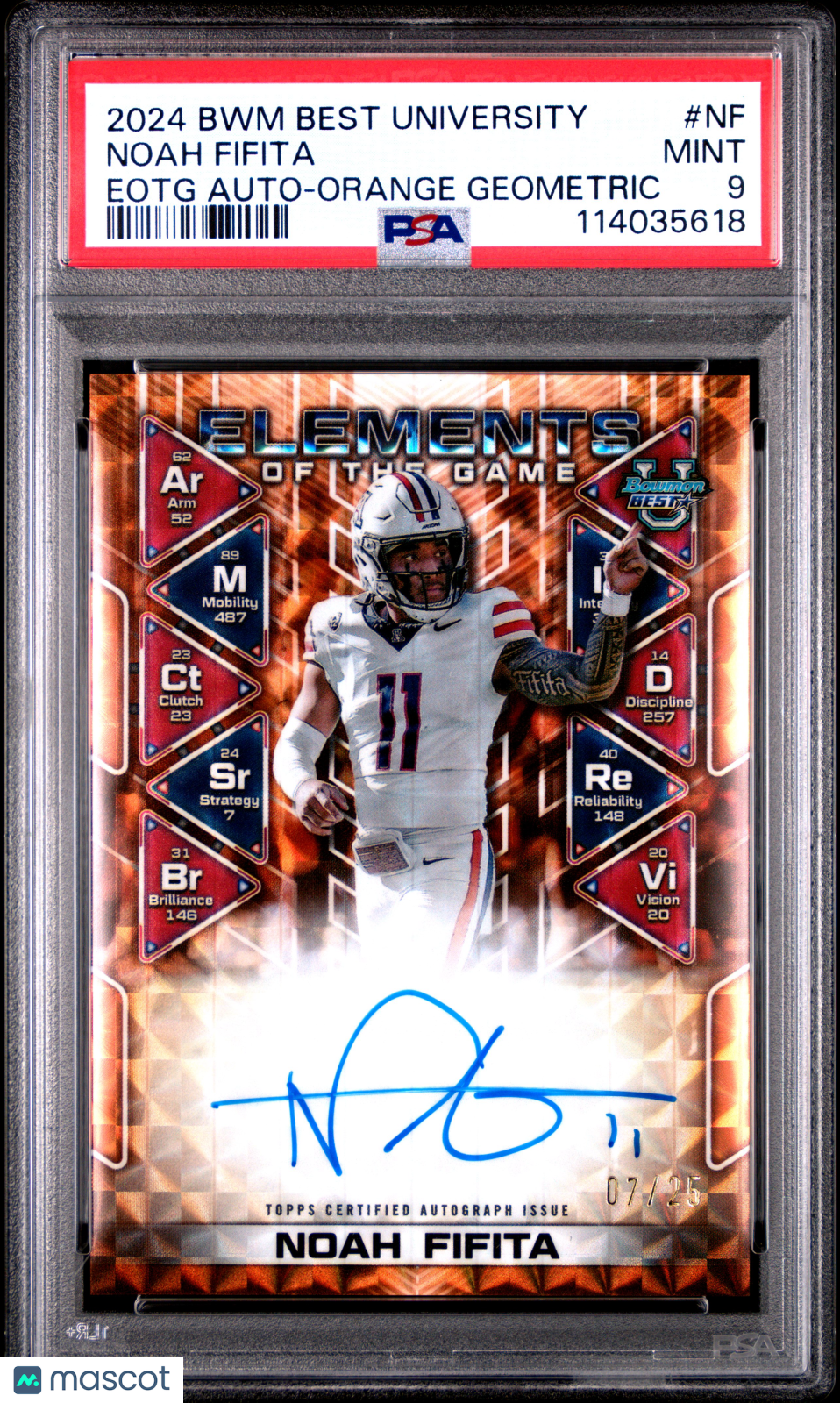2024 Bowman Best University Elements Of The Game Autographs Noah Fifita Eotg Orange Geometric #NF 07/25 PSA 9