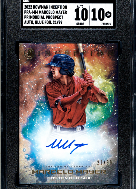 2022 Bowman Inception Marcelo Mayer Primordial Pros, Autograph Blue Foil #PPA-MM SGC 10
