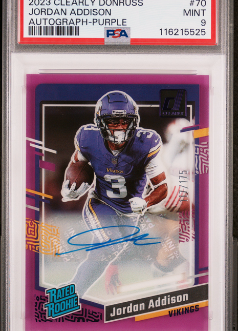 2023 Panini Clearly Donruss Jordan Addison Autograph Purple #70 PSA 9