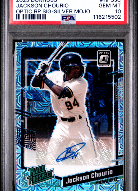 2023 Panini Donruss Optic Rated Prospect Signatures Jackson Chourio RP Silver Mojo #RPSJC / PSA 10