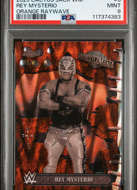 2025 Topps Chrome WWE Cactus Jack X Wrestlemania Rey Mysterio Orange Raywave #6 05/25 PSA 9