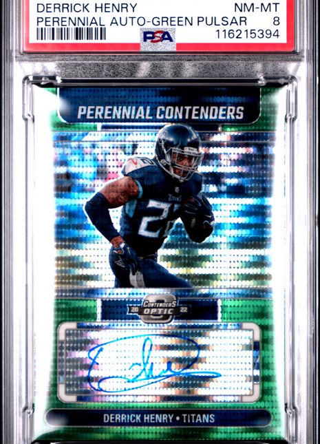 2022 Panini Contenders Optic Perennial Contenders Autographs Derrick Henry Green Pulsar #PCADH PSA 8