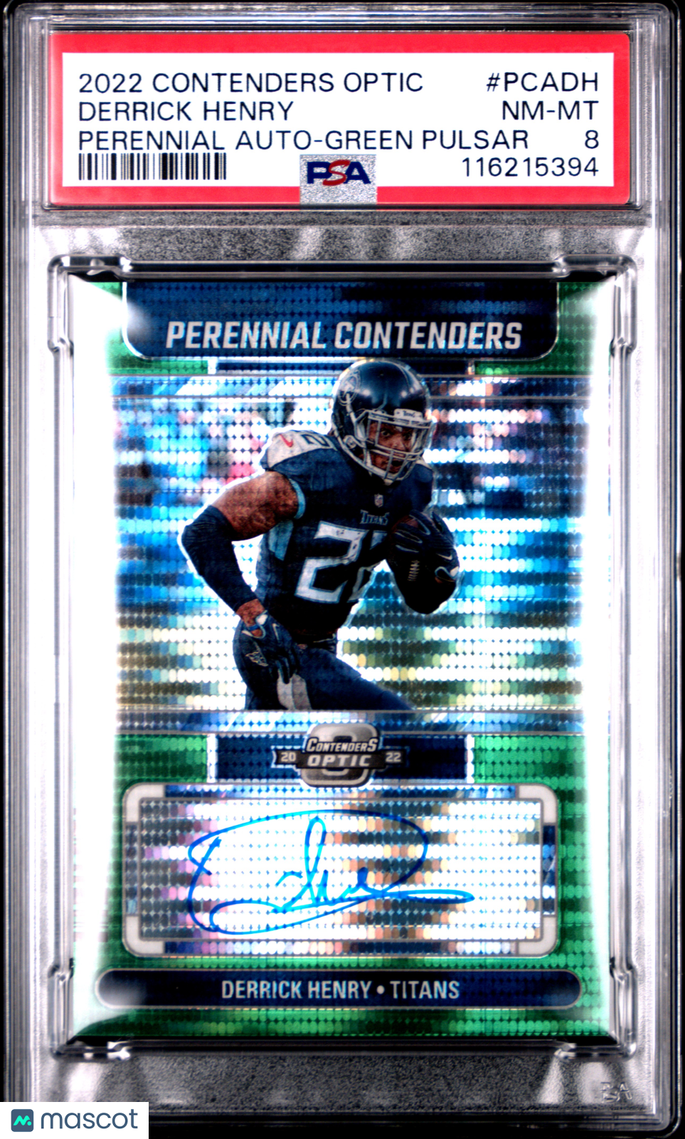 2022 Panini Contenders Optic Perennial Contenders Autographs Derrick Henry Green Pulsar #PCADH PSA 8