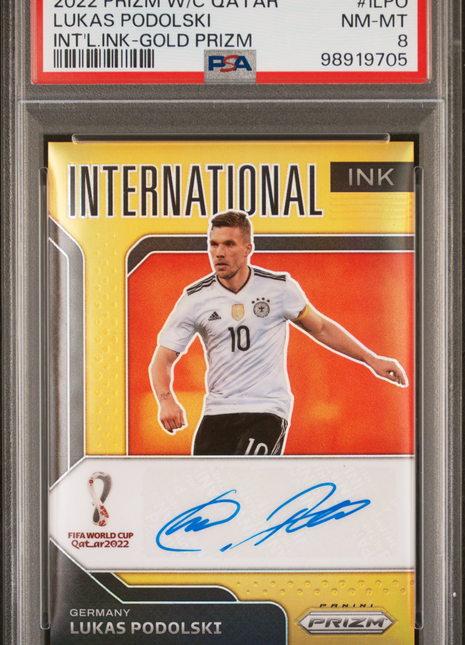 2022 Panini Prizm World Cup Qatar International Ink Lukas Podolski Int'l. Ink Gold #ILPO PSA 8