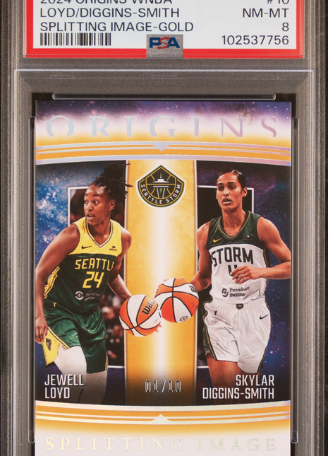 2024 Origins WNBA Loyd Diggins-Smith Gold /10 PSA 8 2024 Panini Origins WNBA Splitting Image Diggins-Smith Loyd Gold #10 PSA 8