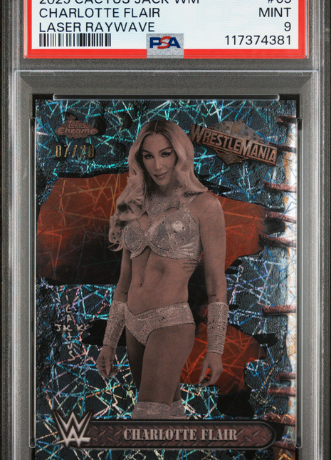 2025 Topps Chrome WWE Cactus Jack X Wrestlemania Charlotte Flair Laser Raywave #63 07/20 PSA 9