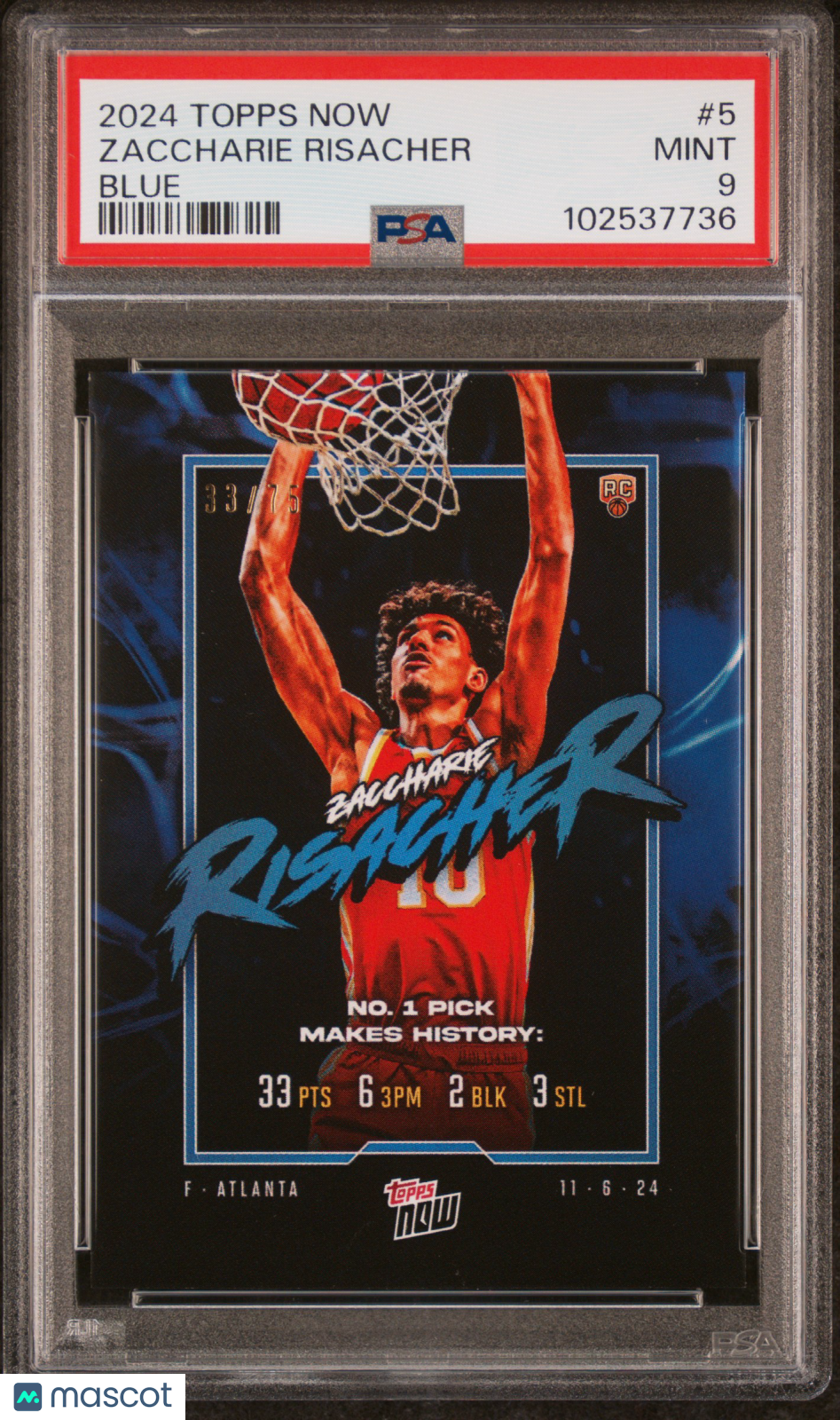 2024 Topps Now Zacchire Risacher Rookie Blue /99 PSA 9 2024 Topps Now Zaccharie Risacher Blue #5 PSA 9