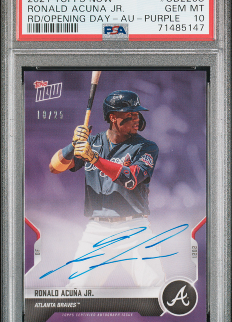 2021 Topps Now Road To Opening Day Ronald Acuna JR. RD Au Purple #OD226C 10/25 PSA 10