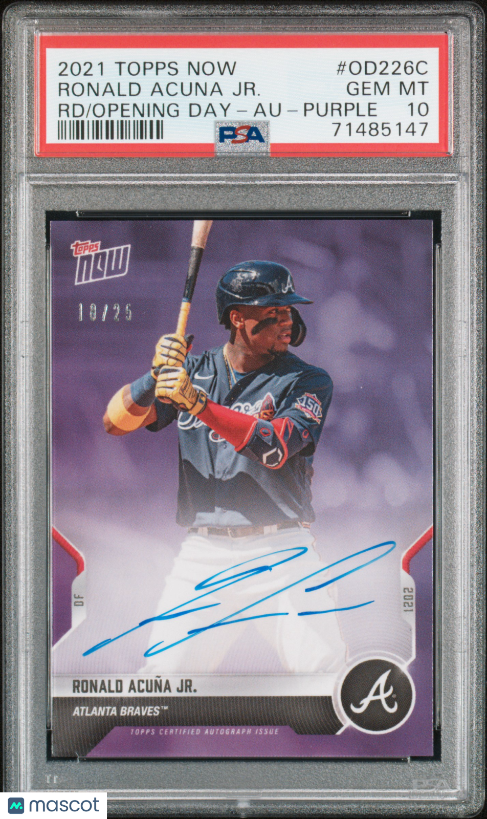 2021 Topps Now Road To Opening Day Ronald Acuna JR. RD Au Purple #OD226C 10/25 PSA 10