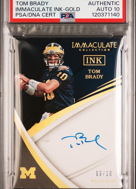 2018 Panini Immaculate Collegiate Immaculate Ink Tom Brady Gold #5 03/10 PSA A