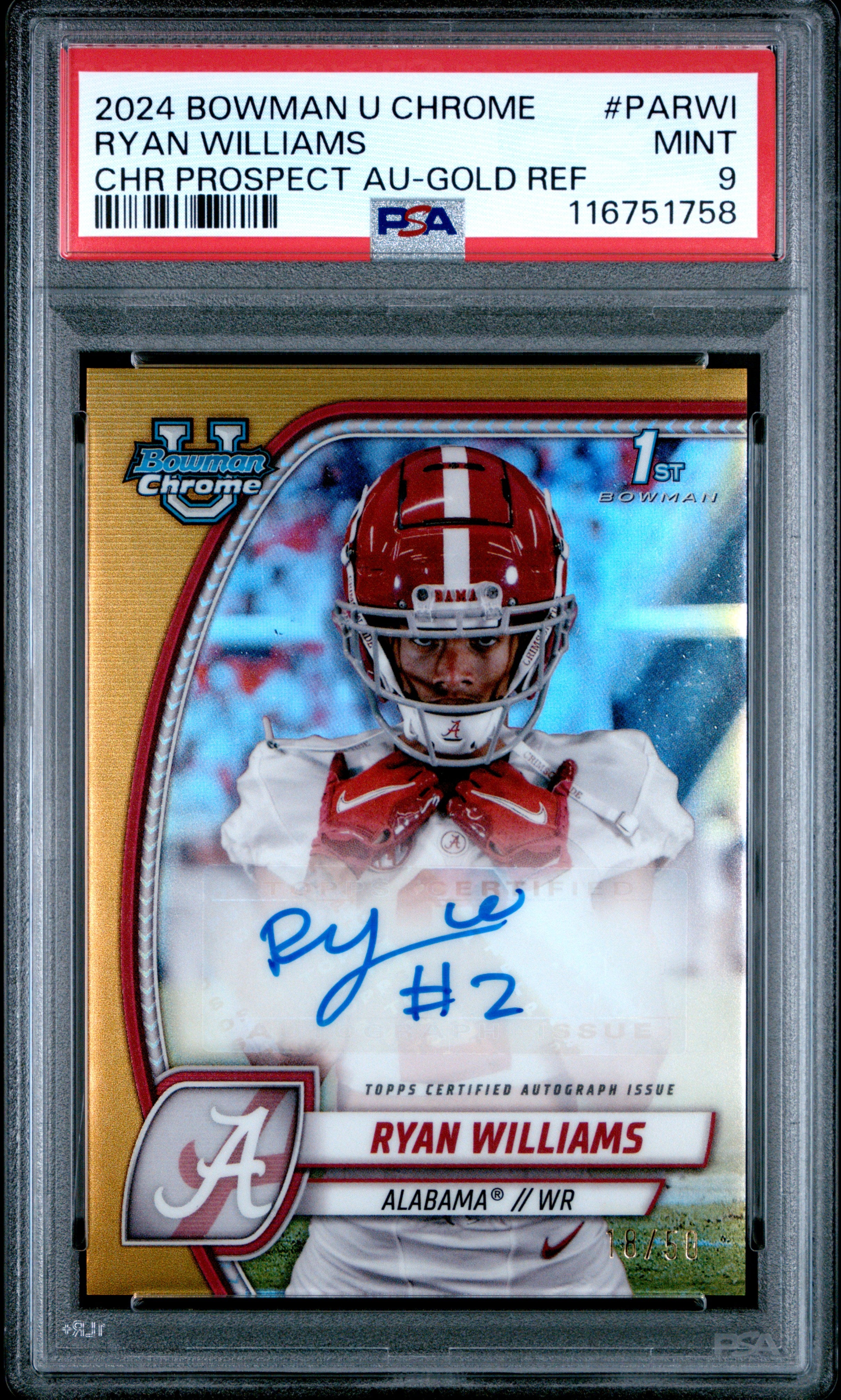 2024 Bowman University Chrome Bowman Chrome Prospect Autographs Ryan Williams Gold Ref #PARWI PSA 9
